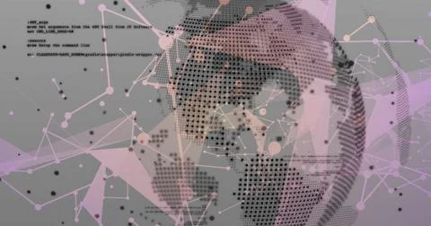 Displaying dotted globe rotating in virtual data space, with mesh, network Foto stock