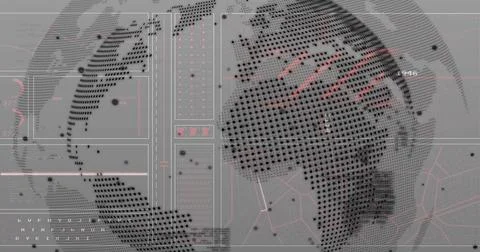 Displaying dotted globe on screen, featuring panels grid overlays numeric lab Stock Illustration