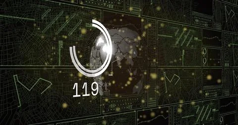 Displaying dotted globe showing pixel continents on dashboard panels, with Stock Illustration