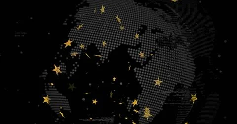 Displaying dotted globe silhouette floating on dark grid, featuring gold stars Stock Illustration