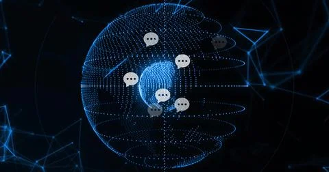 Displaying dotted globe spinning in network, with node lines, angular data Illustrazione stock