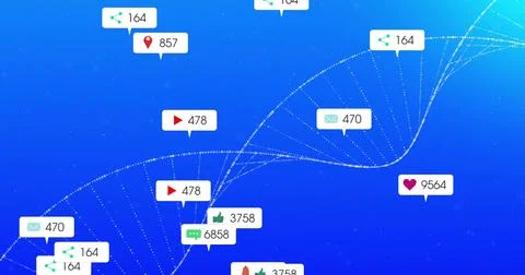 Displaying dotted helix spiraling in virtual space, with social media labels Stock Illustration