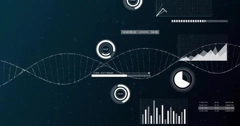 Displaying dotted helix waveform on dark teal dashboard, showing HUD gauges, Stock Illustration