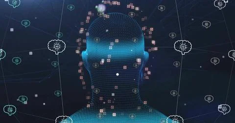 Displaying dotted humanoid head glowing in virtual network, showing chat bubbles Foto stock