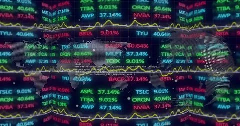 Displaying dotted map with scrolling tickers, percentages, yellow line charts on Stock Illustration