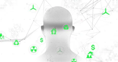 Displaying dotted mesh head silhouette hovering in digital network, showing Stock Photos