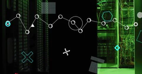 Displaying dotted network graph occupying center in server room, showing open Foto stock