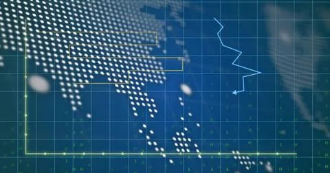 Displaying dotted North America map on blue grid, showing yellow boxes, jagged Illustrazione stock