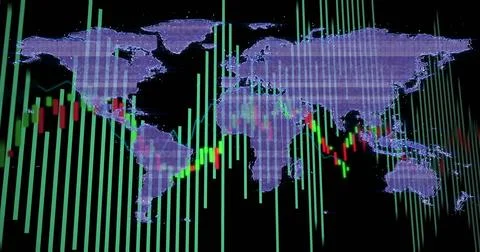 Displaying dotted purple world map on dark screen, showing green bars and Stock Illustration