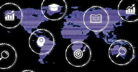 Displaying dotted purple world map on black backdrop, showing circular UI rings, Stock Photos