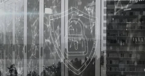 Displaying dotted shield outline enclosing padlock icon on office glass facade, Stock Photos