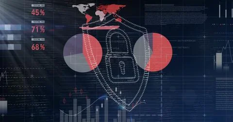 Displaying dotted shield with padlock on security dashboard, with world map, pie Stock Photos