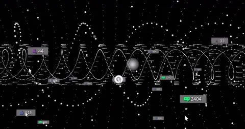 Displaying dotted sine wave holding virtual starfield with luminous orb, badges Stock Illustration