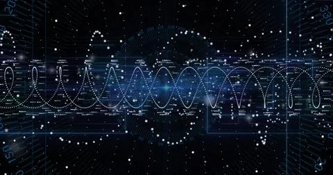 Displaying dotted waveform intersecting circular HUD on grid lines, with axis Stock Photos