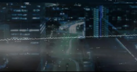 Displaying dotted waveform overlaying night city streets overhead, with numeric Stock Illustration