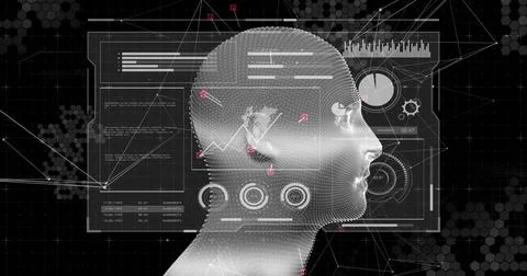 Displaying dotted-wireframe 3D head projecting data charts in virtual HUD, with Foto stock
