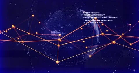 Displaying dotted wireframe globe with orange connecting lines and glowing nodes Stock Photos