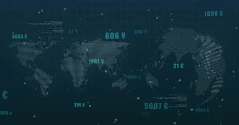 Displaying dotted world map and globe on teal data dashboard, showing floating Illustrazione stock