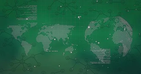 Displaying dotted world map and 3D globe on grid interface, with network nodes 스톡 일러스트