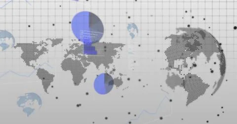 Displaying dotted world map and dotted globe overlaying blue charts, black do Illustrazione stock