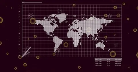 Displaying dotted world map and grid panel on maroon dashboard, with golden Stock Illustration