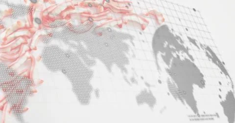 Displaying dotted world map and globe occupying center on white grid, with Stock Illustration