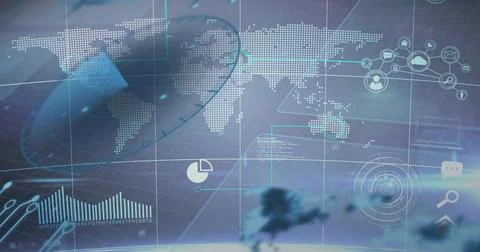 Displaying dotted world map and HUD overlays over virtual globe with radar, Stock Photos