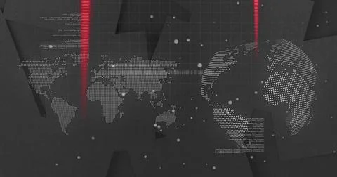 Displaying dotted world map and globe pulsing in data visual backdrop, with red Stock Photos