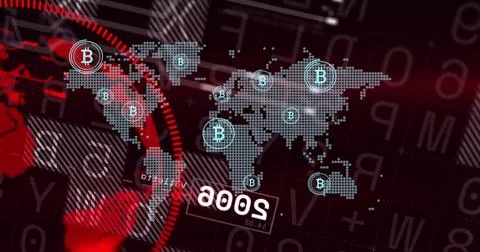 Displaying dotted world map with Bitcoin markers glowing on digital dashboard, Stock Illustration