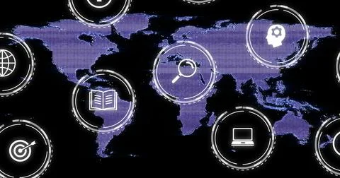 Displaying dotted world map on black screen, showing HUD-rings with magnifier, 스톡 일러스트