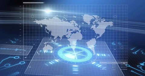 Displaying dotted world map on clear grid in virtual interface, holo HUD showing Illustrazione stock