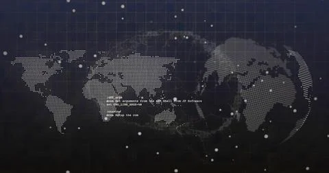 Displaying dotted world map on dark blue grid with globe, network lines, markers Stock Illustration