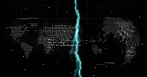 Displaying dotted world map on dark grid interface with cyan lightning fissure Foto stock