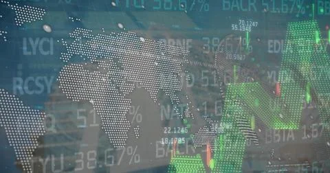 Displaying dotted world map data pulsing on market HUD, with percent figures, Stock Photos