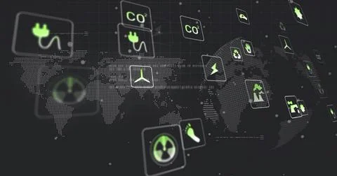 Displaying dotted world map with floating energy icon tiles on tilted 3D grid Illustrazione stock