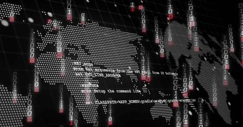 Displaying dotted world map floating over virtual grid, with binary streams and Foto stock