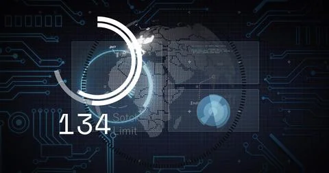 Displaying dotted world map globe pulsing with concentric rings on virtual HUD, Stock Illustration
