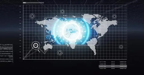 Displaying dotted world map with glowing circular HUD on virtual dashboard, Stock-Fotos