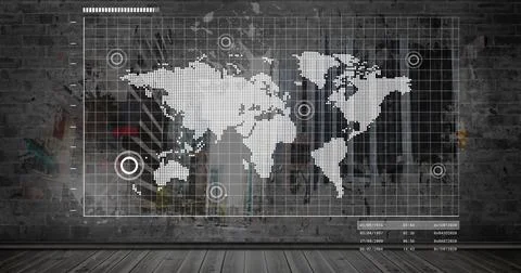 Displaying dotted world map graphic covering gallery wall, showing grid, target Stock Illustration