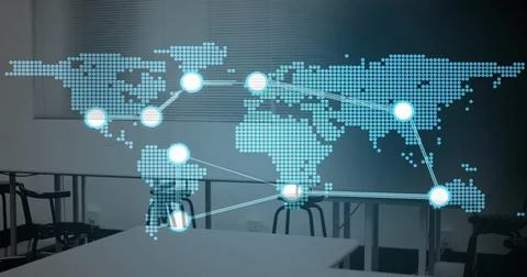 Displaying dotted world map graphic over conference room window, showing glowing Stock Photos