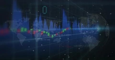 Displaying dotted world map hovering in 3D dashboard, with candlesticks, blue 스톡 일러스트
