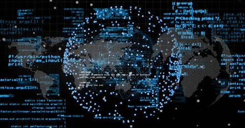 Displaying dotted world map on interface with 3D globe, blue data points, code Stock Illustration