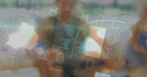 Displaying dotted world map interface over blurred office, showing data panels Stock Photos