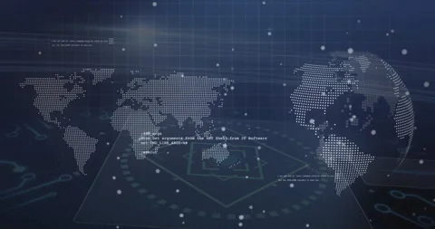 Displaying dotted world map left and 3D dotted globe right over code snippets Stock Footage 309145147