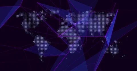 Displaying dotted world map linking neon lines and triangles on indigo backdrop, Illustrazione stock