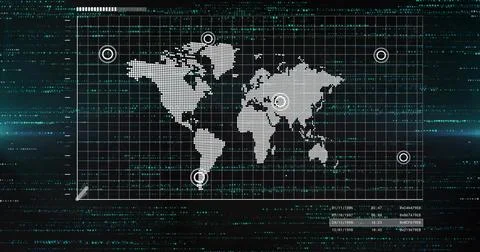 Displaying dotted world map marking target locations on digital interface, with Stock Photos