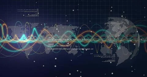 Displaying dotted world map moving across dark blue grid, with colorful waves 스톡 사진