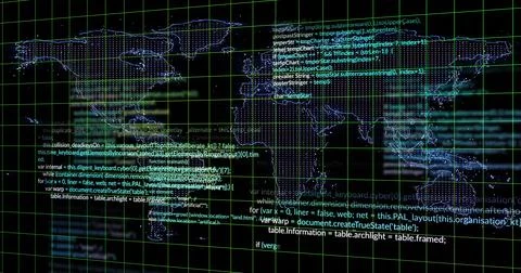 Displaying dotted world map outline with glowing nodes and code snippets over Stock Illustration