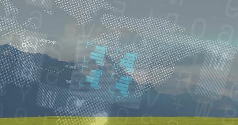 Displaying dotted world map overlay over meadow and mountains, with floating Stock Photos