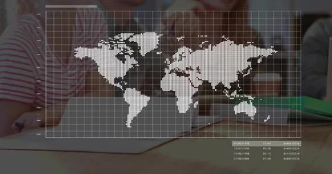 Displaying dotted world map overlay covering center at table, showing hex codes, Stock Photos